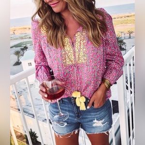 Embroidered cotton voile top in block print